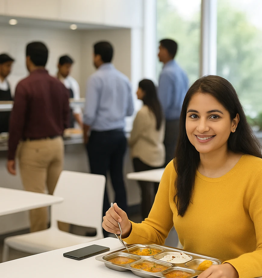 Girl Sitting with Food in Corporate Cafeteria